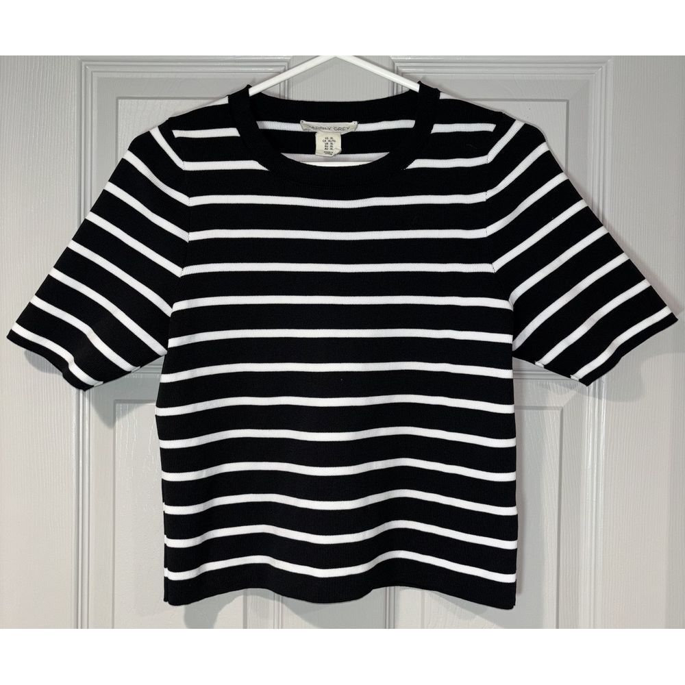Happily Grey Black and White Striped Top Junior Size‎ XL Fitted Short Sleeve Y2K